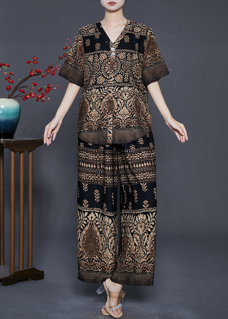 Stylish Brown V Neck Print Silk Two Piece Set Women Clothing Summer