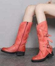 Stylish Buckle Strap Splicing Chunky Boots Pink Cowhide Leather