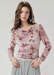 Stylish Butterfly Print Lace Patchwork Tulle Tops Fall