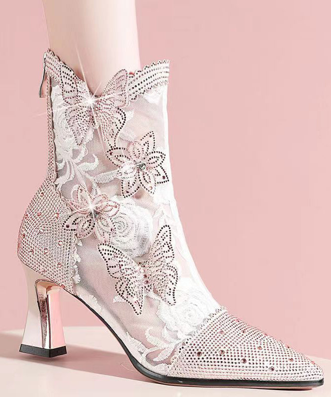 Stylish Butterfly Zircon Splicing Hollow Out High Heel Boots Pink