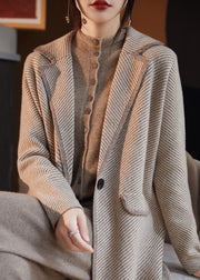 Stylish Camel Notched Striped Patchwork Knit Wool Coats Fall