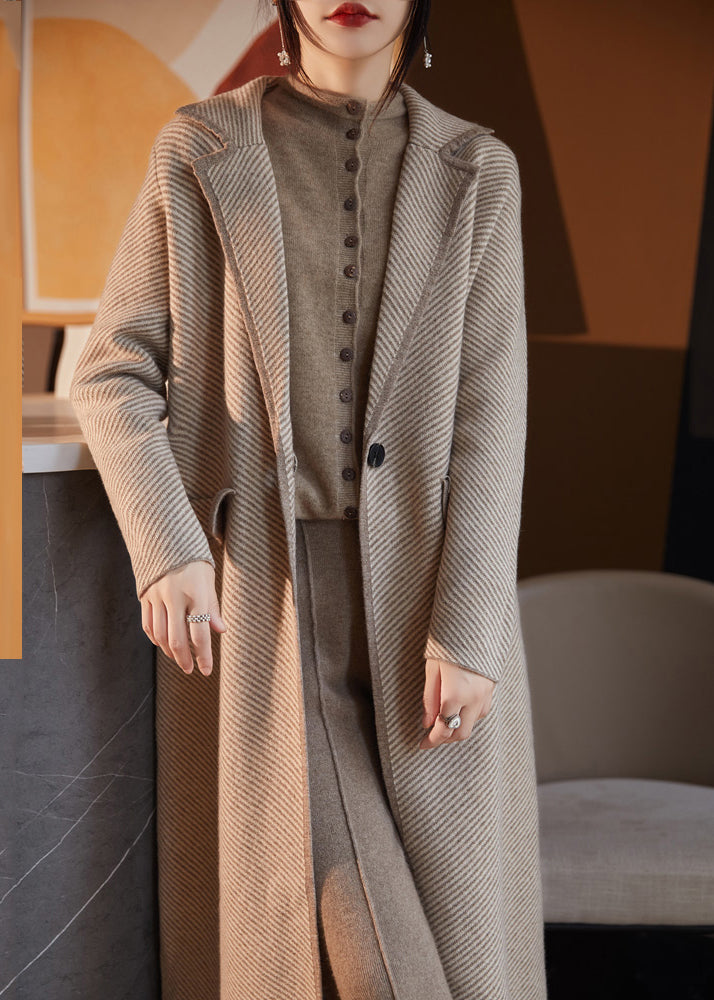 Stylish Camel Notched Striped Patchwork Knit Wool Coats Fall