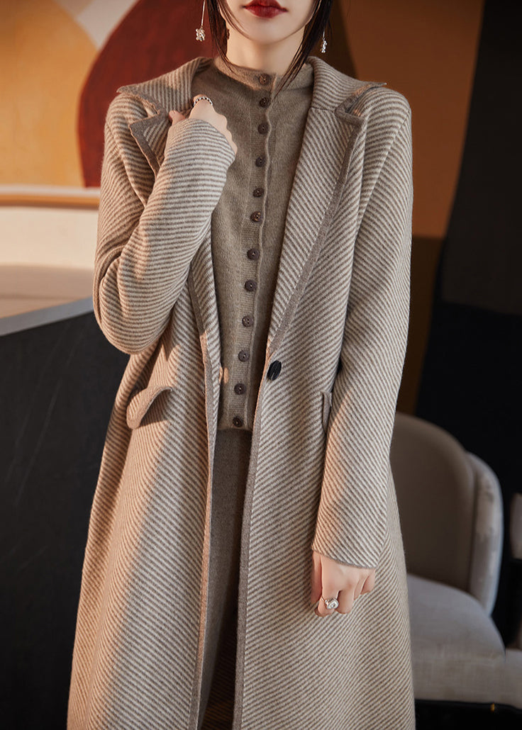 Stylish Camel Notched Striped Patchwork Knit Wool Coats Fall