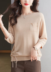 Stylish Camel O Neck Drawstring Ice Silk Top Bracelet Sleeve