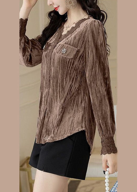 Stylish Caramel V Neck Patchwork Silk Velour Blouses Long Sleeve