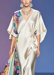 Stylish Champagne Asymmetrical Patchwork Silk Holiday Dress Summer