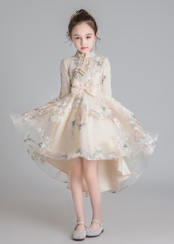 Stylish Champagne Stand Collar Embroideried Low High Design Tulle Girls Long Dresses Fall