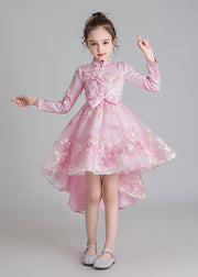 Stylish Champagne Stand Collar Embroideried Low High Design Tulle Girls Long Dresses Fall