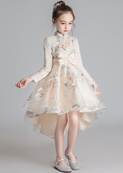 Stylish Champagne Stand Collar Embroideried Low High Design Tulle Girls Long Dresses Fall