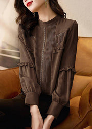 Stylish Chocolate O-Neck Ruffled Patchwork Shirt Spring