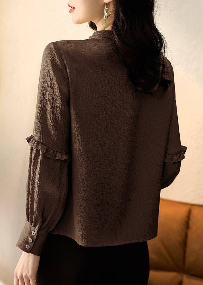 Stylish Chocolate O-Neck Ruffled Patchwork Shirt Spring