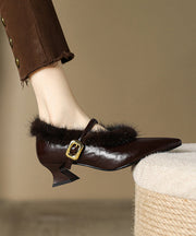 Stylish Chocolate Pointed Toe High Heel Sheepskin Mink Hair Lined