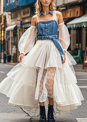 Stylish Cinched Patchwork Denim Organza Spaghetti Strap Dress Summer