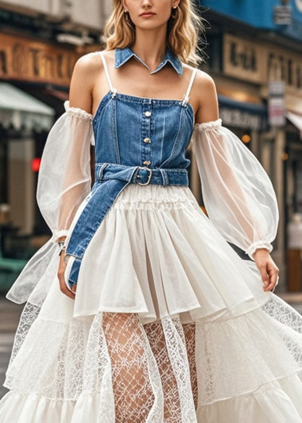 Stylish Cinched Patchwork Denim Organza Spaghetti Strap Dress Summer