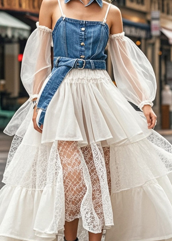 Stylish Cinched Patchwork Denim Organza Spaghetti Strap Dress Summer