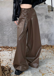 Stylish Coffee Button High Waist Faux Leather Pants Fall