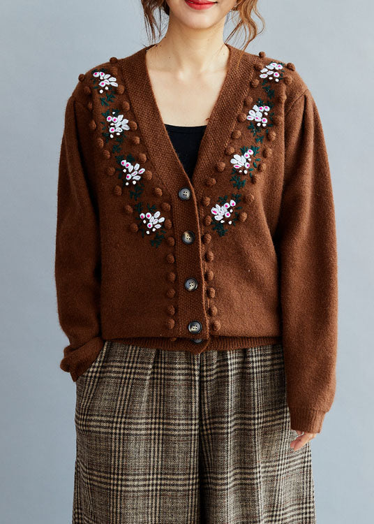 Stylish Chocolate Embroideried Wool Knit Loose Cardigans Winter