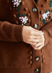 Stylish Chocolate Embroideried Wool Knit Loose Cardigans Winter