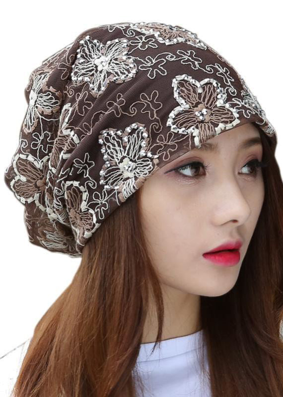 Stylish Coffee Floral Embroidery Zircon Bonnie Hat