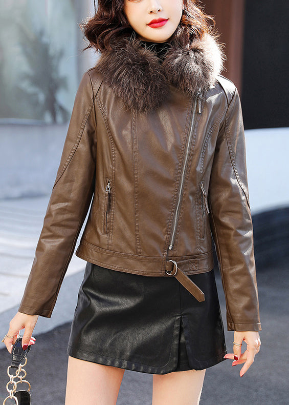 Stylish Coffee Fur Collar Zippered Faux Leather Jacket Winter