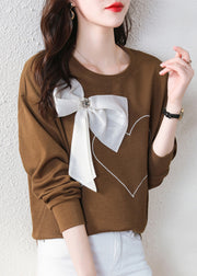 Stylish Coffee O Neck Bow Cotton Sweatshirt Streetwear Spring