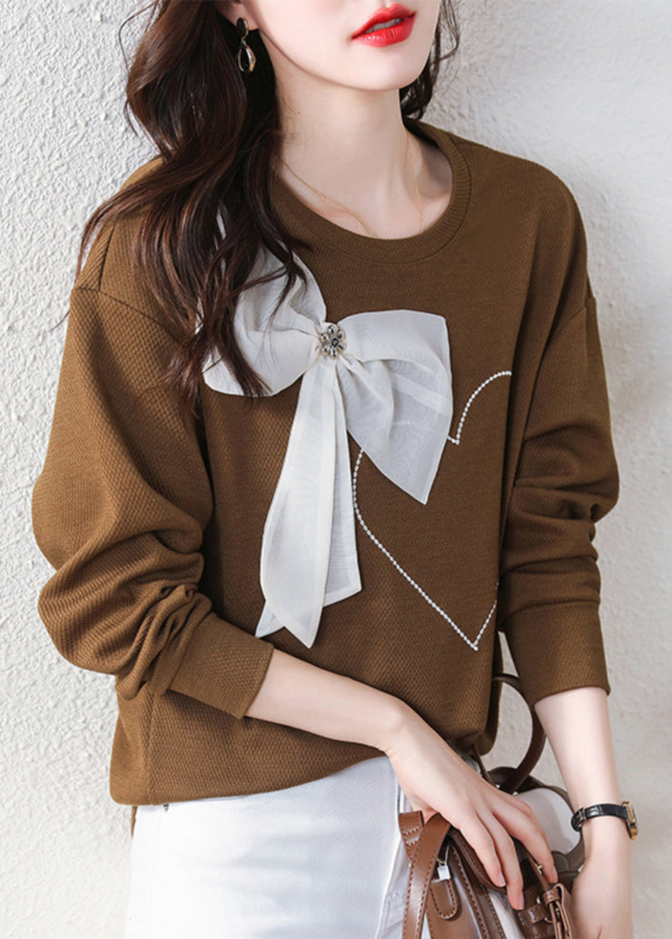 Stylish Coffee O Neck Bow Cotton Sweatshirt Streetwear Spring