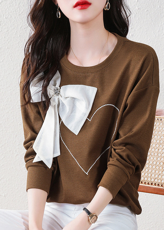 Stylish Coffee O Neck Bow Cotton Sweatshirt Streetwear Spring