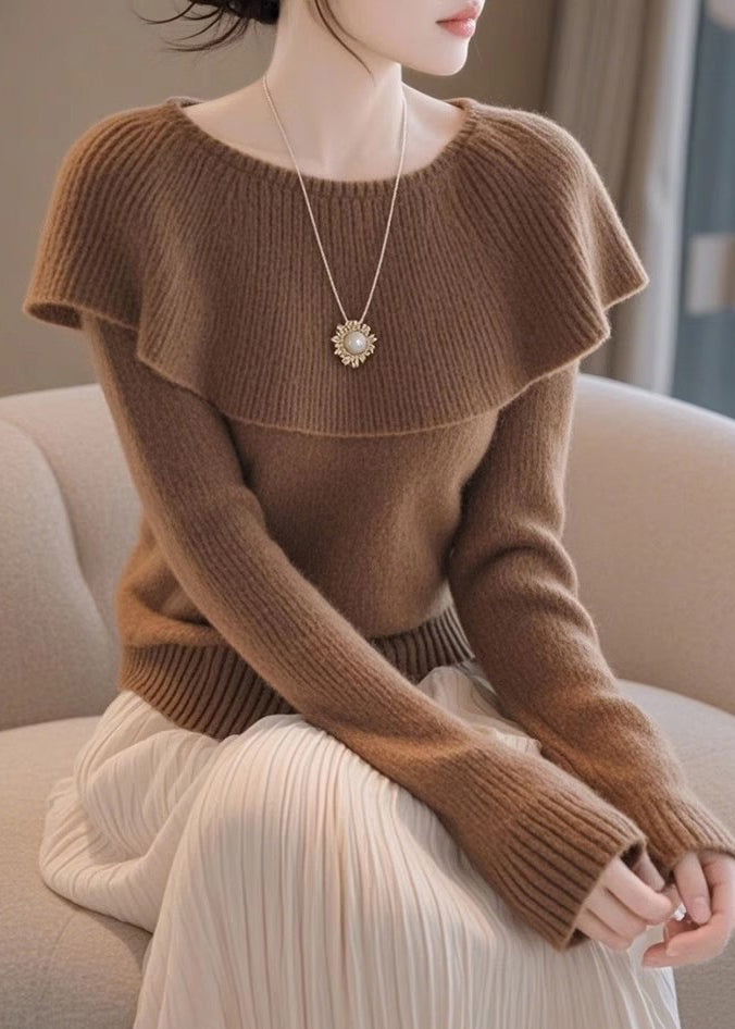 Stylish Coffee Original Design Solid Knit Sweaters Spring