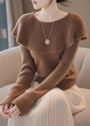 Stylish Coffee Original Design Solid Knit Sweaters Spring