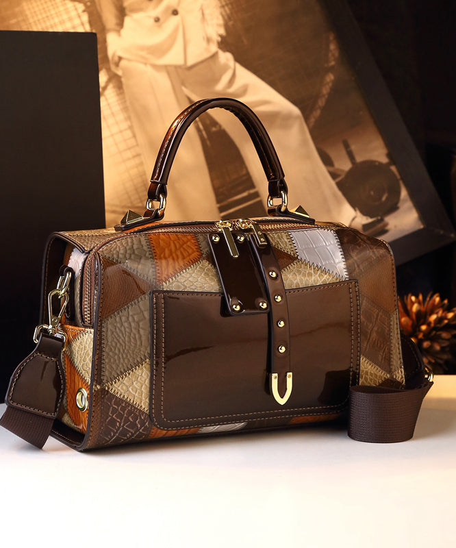 Stylish Coffee Patchwork Calf Leather Tote Handbag