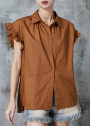 Stylish Coffee Peter Pan Collar Cotton Shirt Tops Summer