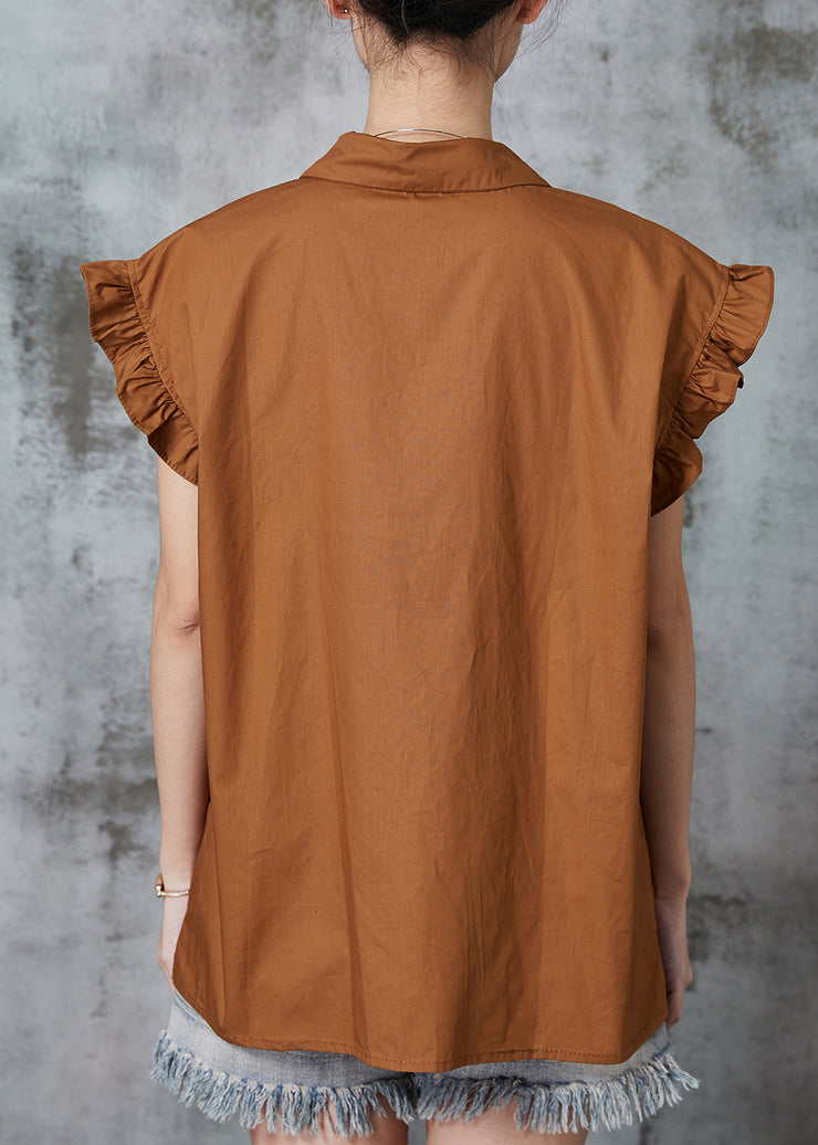 Stylish Coffee Peter Pan Collar Cotton Shirt Tops Summer