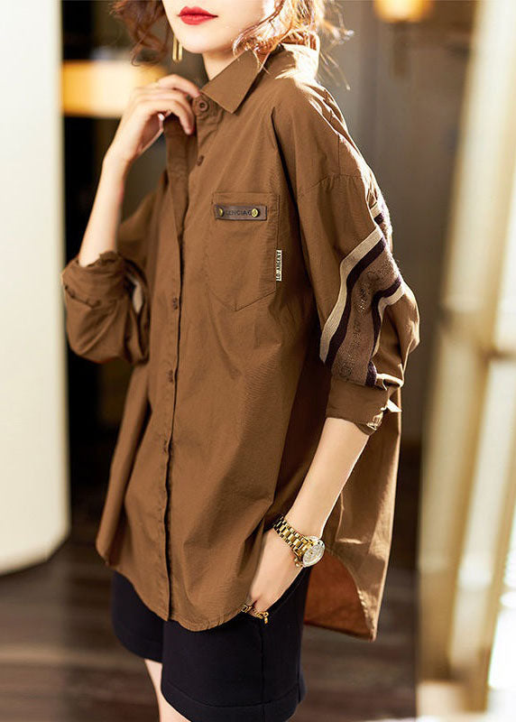 Stylish Coffee Peter Pan Collar Patchwork Cotton Shirts Top Long Sleeve