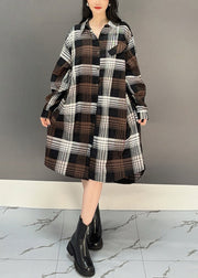 Stylish Coffee Plaid Button Cotton Shirts Dresses Spring