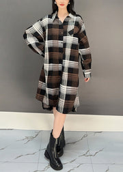 Stylish Coffee Plaid Button Cotton Shirts Dresses Spring