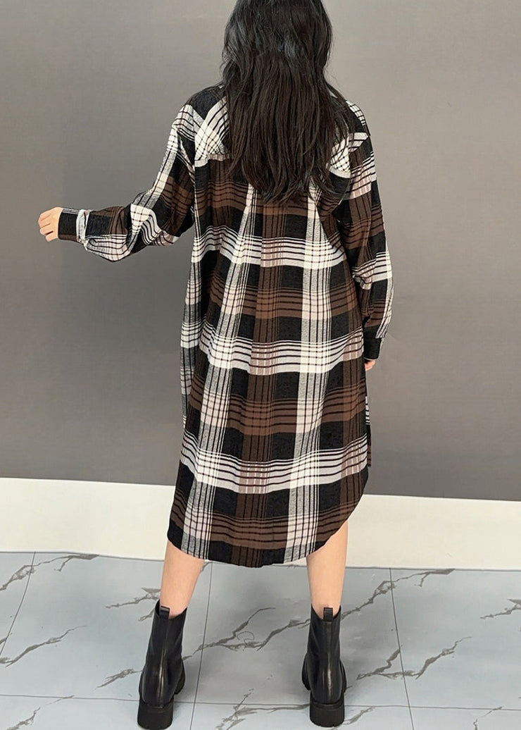 Stylish Coffee Plaid Button Cotton Shirts Dresses Spring