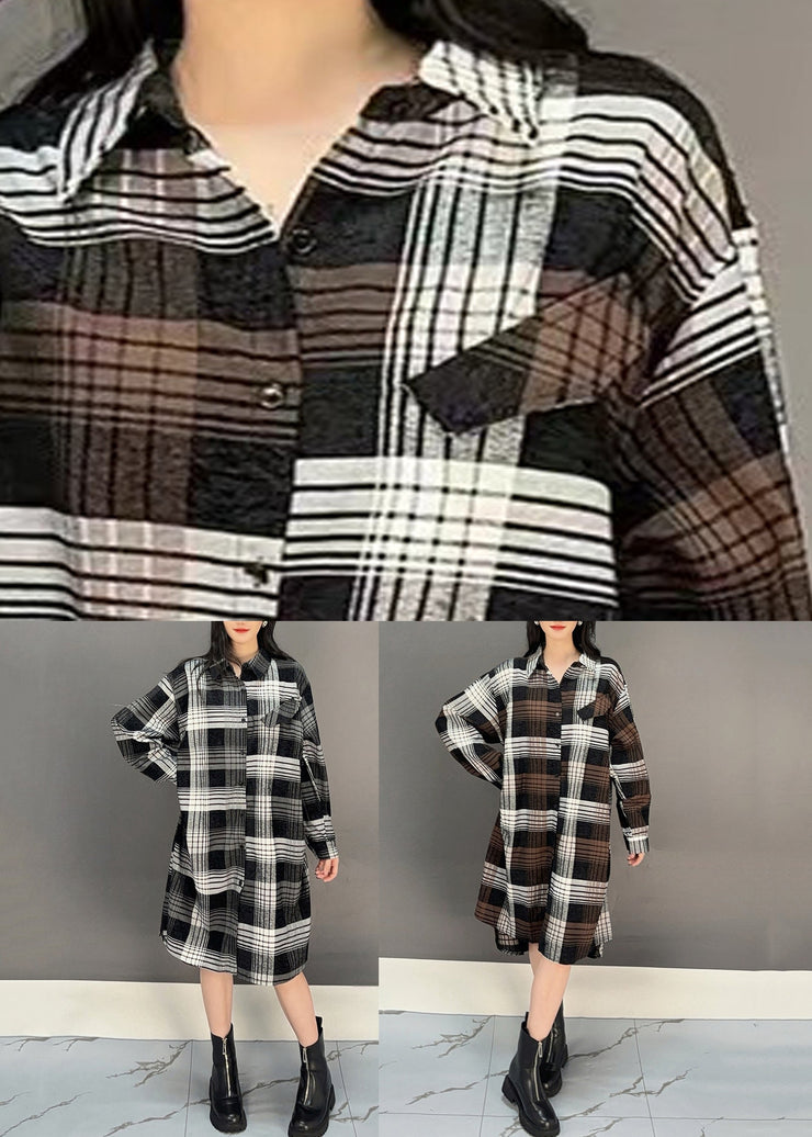 Stylish Coffee Plaid Button Cotton Shirts Dresses Spring