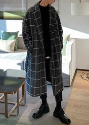 Stylish Coffee Plaid Notched Tie Waist Woolen Mens Coats Winter