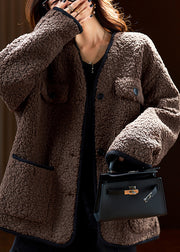 Stylish Coffee Pockets Button Faux Fur Fine Cotton Filled Coat Fall