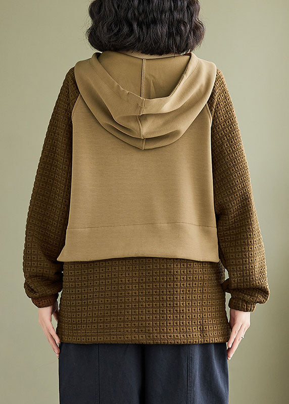 Stylish Coffee Pockets Zippered Patchwork Hooded Pullover Fall