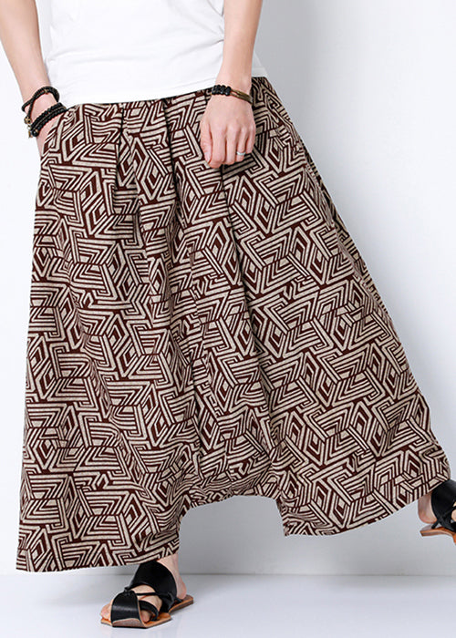 Stylish Coffee Print Pockets Cotton Mens Harem Pants Summer