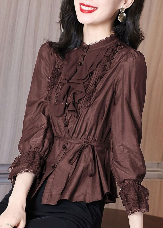 Stylish Coffee Tie Waist Lace Patchwork Shirt Spring