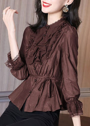 Stylish Coffee Tie Waist Lace Patchwork Shirt Spring