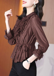 Stylish Coffee Tie Waist Lace Patchwork Shirt Spring