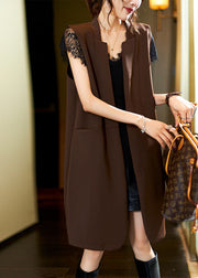 Stylish Coffee V Neck Patchwork Long Waistcoat Sleeveless