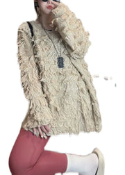 Stylish Coffee V Neck Tasseled Patchwork Knit Sweaters Long Sleeve