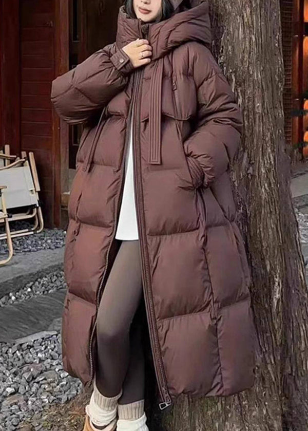 Stylish Coffee Zip Up Pockets Duck Down Puffer Hooded Coat Winter