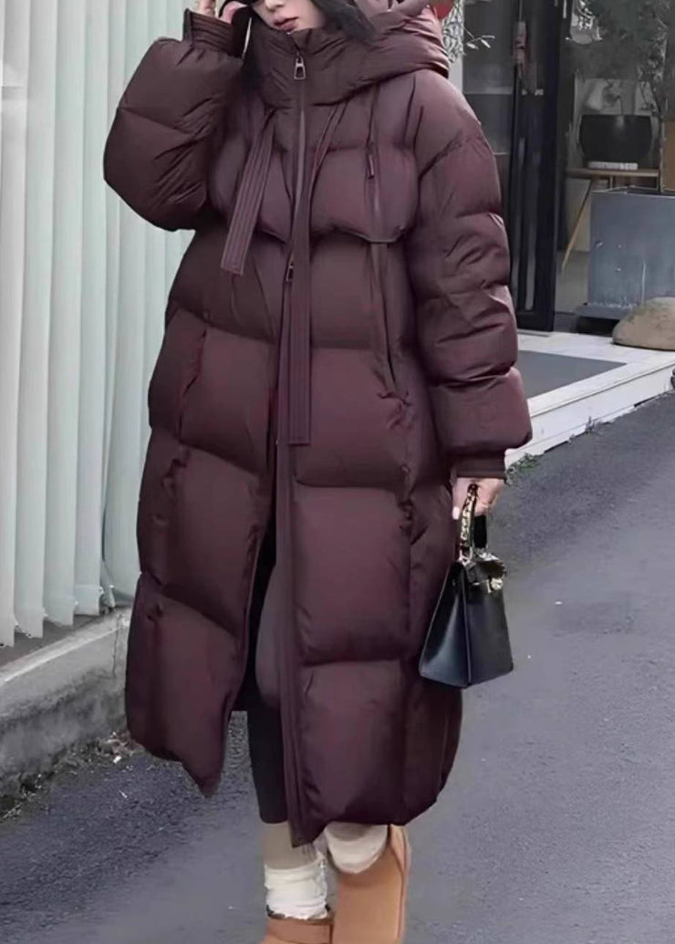 Stylish Coffee Zip Up Pockets Duck Down Puffer Hooded Coat Winter