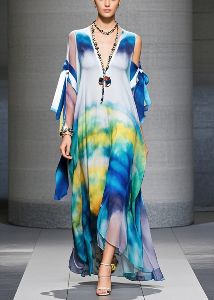 Stylish Cold Shoulder Tie Dye Chiffon Holiday Dress Summer