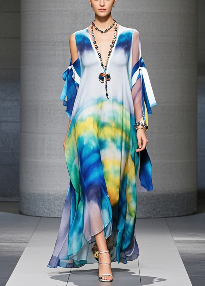 Stylish Cold Shoulder Tie Dye Chiffon Holiday Dress Summer